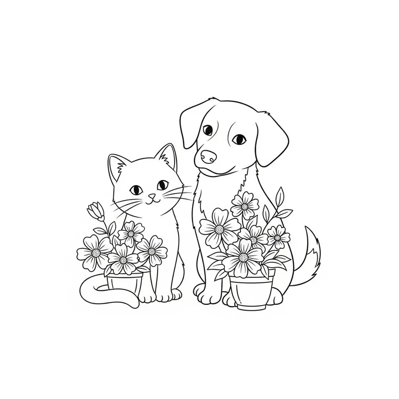 Cat and Dog with Flowers Coloring Pages - Outline Cartoon Style Cat and Dog with Flowers Coloring Pages - Outline Cartoon Style