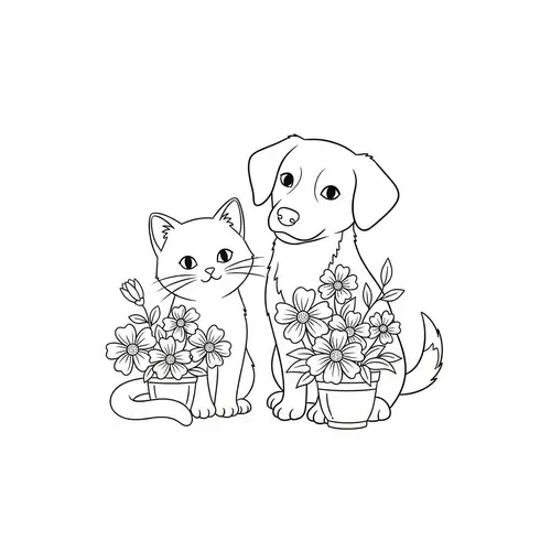 Cartoon Style Line Art Image of Cat and Dog with Flowers