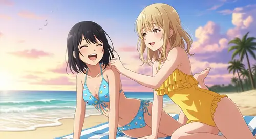 Anime Girls in Colorful Swimsuits | Beach Friendship Moment