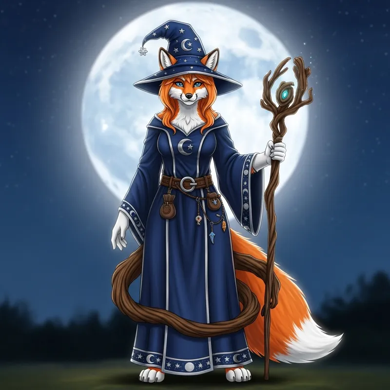 Tall Bipedal Orange & White Fox Magician Delphox with Full Moon