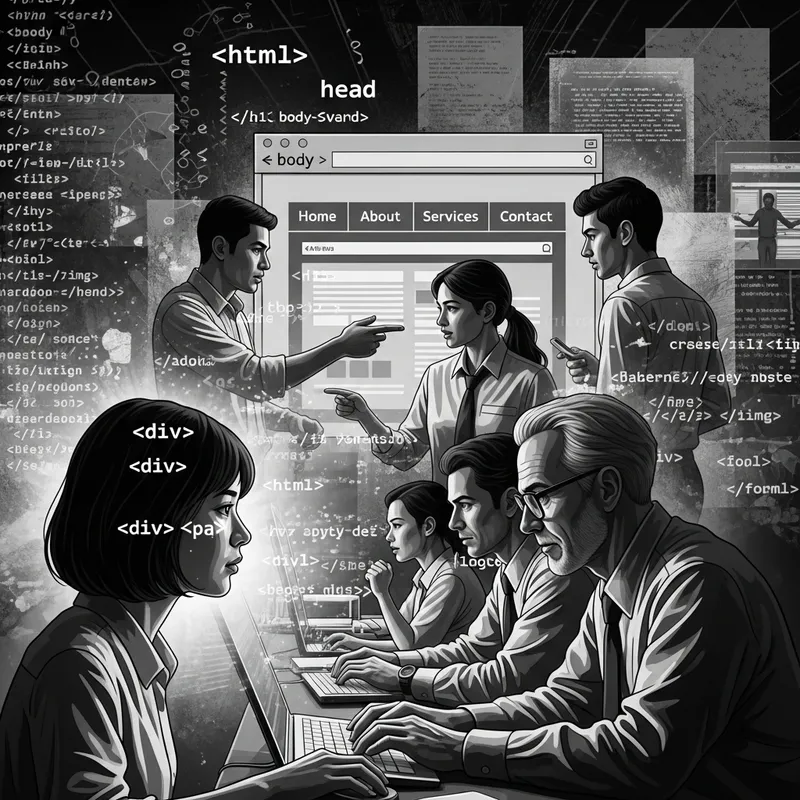 Vintage Black and White Poster of Website Developers in HTML