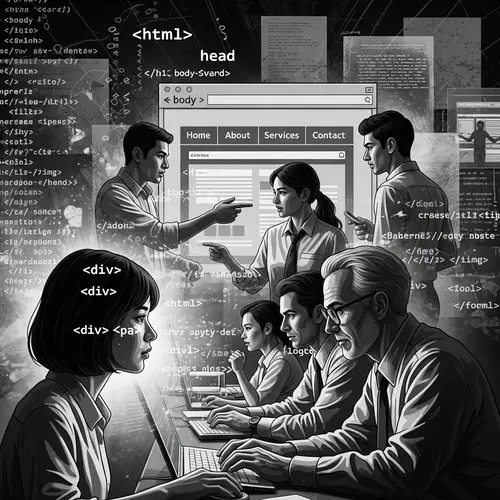 Vintage Black and White Digital Painting of Diverse Website Developers