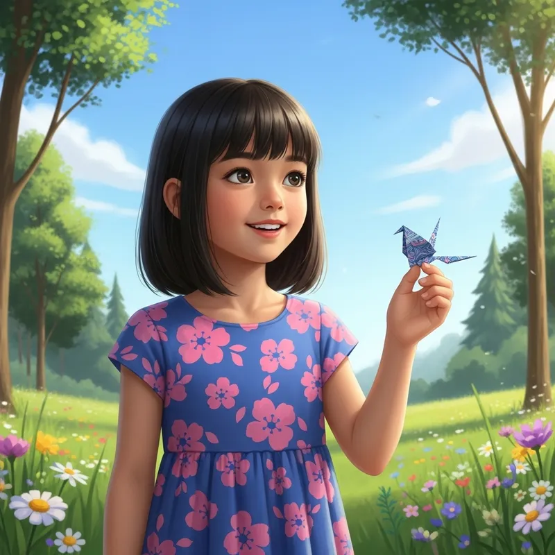 Enthusiastic Asian Girl with Origami Bird in Meadow Enthusiastic Asian Girl with Origami Bird in Meadow