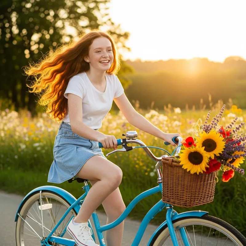 Red-Haired Girl Riding Bicycle in Skirt | Leisurely Cycle