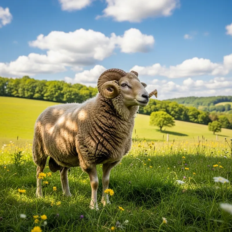 Stunning Adult Ram in Lush Green Pasture Stunning Adult Ram in Lush Green Pasture