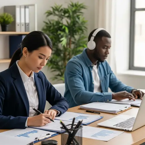Professional East Asian Female Manager and African Male Translator in Office Scene