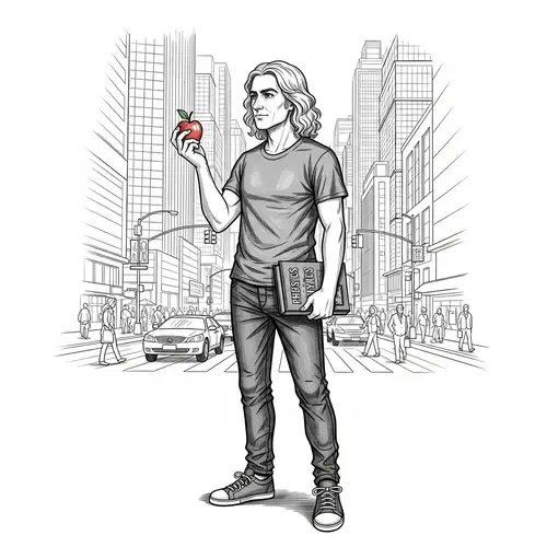 Historical Scientist Observing an Apple in Modern City Setting