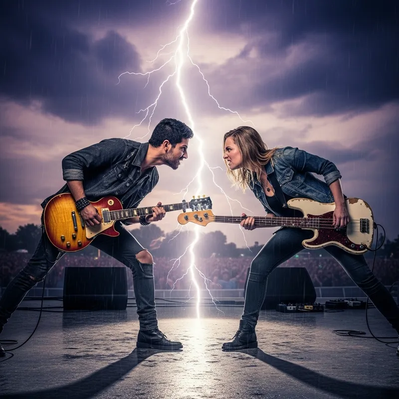 Electric Rivalry: Rock Musicians Clash Amid Lightning Strike Electric Rivalry: Rock Musicians Clash Amid Lightning Strike