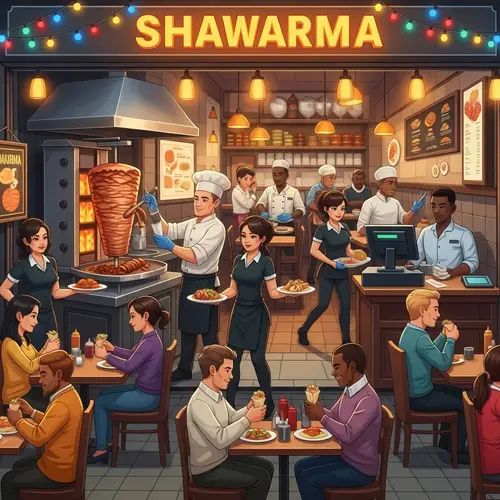 Vibrant Mid-Eastern Shawarma Restaurant: Bustling Scene & Sizzling Flavors