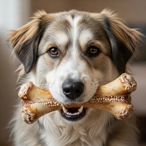 Fluffy Medium-Sized Dog Holding Chewed-Up Bone