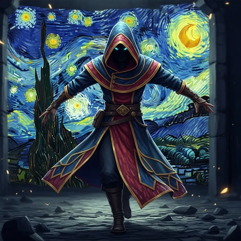 Enigmatic Figure in Vibrant Cloak - Dynamic Fantasy Pose