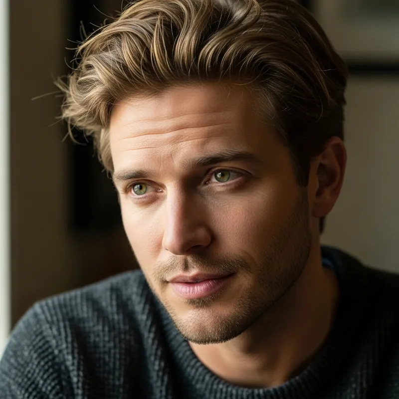 Blond Tousled Hair and Green Dreamy Eyes