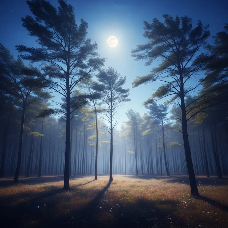 Moonlit Mystical Forest: Impressionist Scene with Ethereal Colors Moonlit Mystical Forest: Impressionist Scene with Ethereal Colors