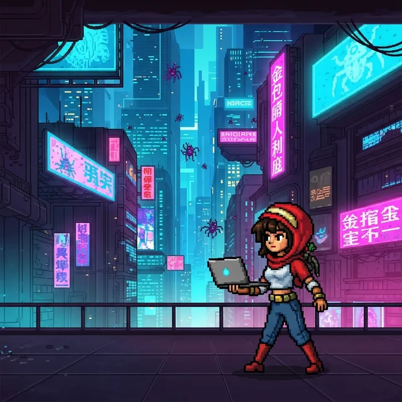 Cyberpunk City: Bug Infestation | Female Hunter 8-Bit Style Cyberpunk City: Bug Infestation | Female Hunter 8-Bit Style