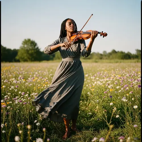 Black Woman Playing Violin in Wildflower Field | Fine Art Photography