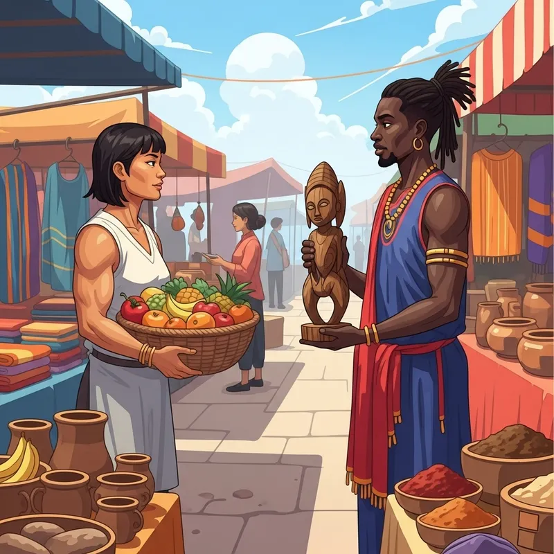 Colorful Market Scene with Diverse Barter Activities