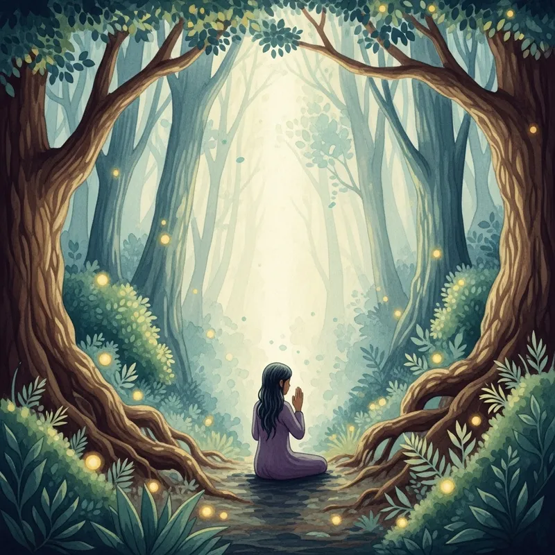 Mystical Forest Prayer: Serene Artwork