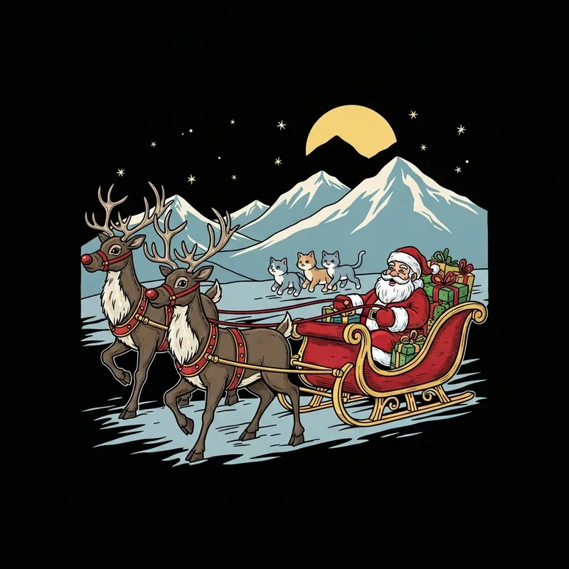 Vintage Sunset Artwork with Rudolph, Santa, Cats & Sleighbells Vintage Sunset Artwork with Rudolph, Santa, Cats & Sleighbells