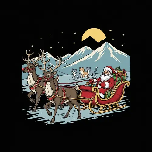 Vintage Twilight Scene with Reindeer, Jolly Figure, and Cats