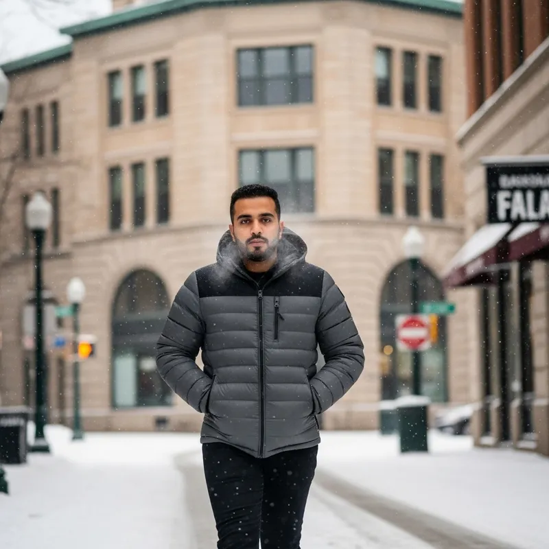 Stay Warm: Man in Down Jacket in Minneapolis Stay Warm: Man in Down Jacket in Minneapolis