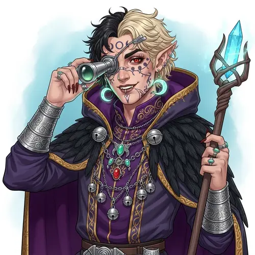 Eccentric Druver Character: Two-Toned Hair, Lunar Tattoos, and Enchanted Attire