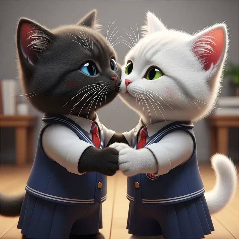 Realistic Black and White Cats Kissing - High Detail Image