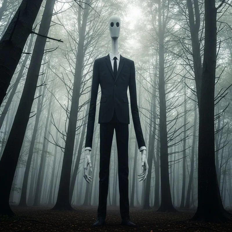Eslenderman: Dark Suit, Faceless, Tall Figure in Foggy Forest