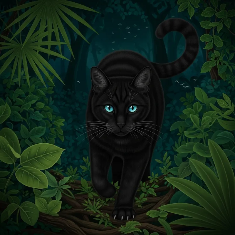 Black Cat in Jungle - Nighttime Wild Encounter Black Cat in Jungle - Nighttime Wild Encounter
