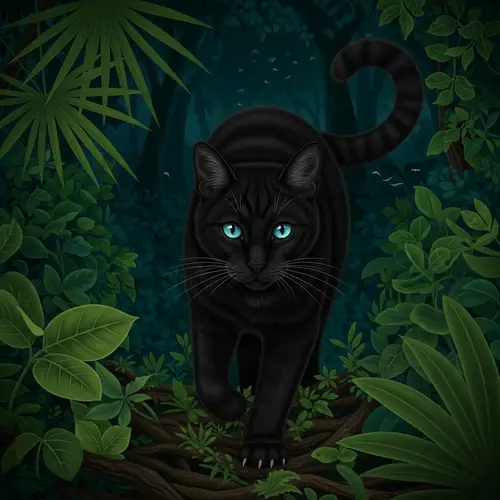 Black Cat in Jungle with Luminescent Eyes | Night Serenity