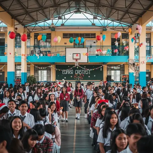 Filipino Students Christmas Party in Colorful School Gymnasium