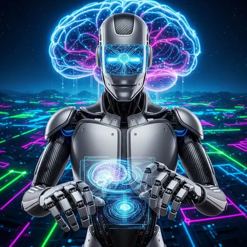 Realistic AI Expert Robot | Logo-Like Background Design