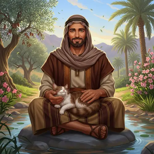 Serenity and Compassion: Biblical Figure with Traditional Attire and Cat