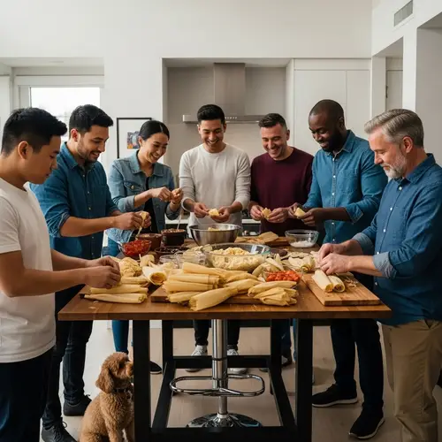 Multicultural Group Hand-Making Tamales in San Francisco Apartment