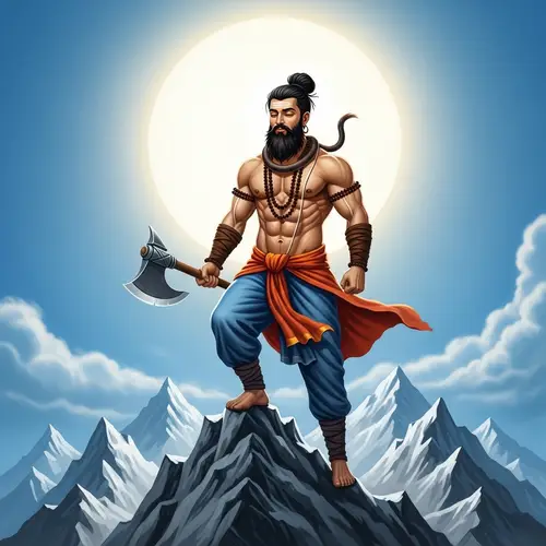 Spiritual South Asian Man on Fantastical Mountain with Athletic Form and Axe