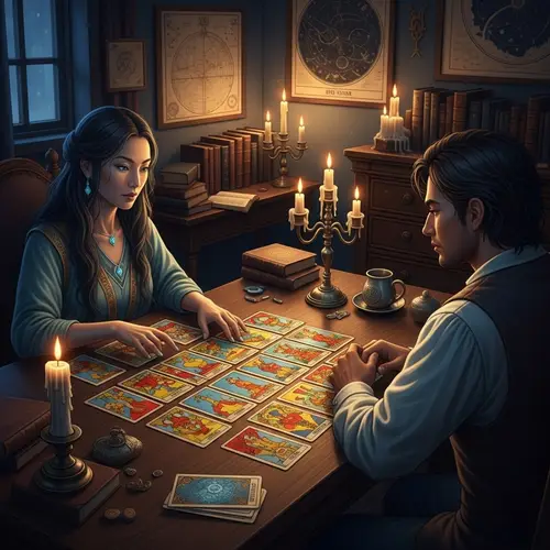 Antique Tarot Card Reading in Dimly Lit Room