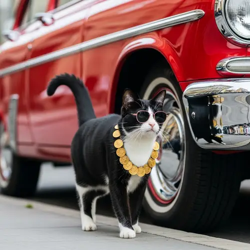 Stylish Black and White Cat Walking by Red Car