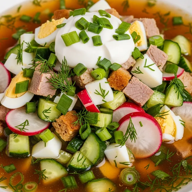 Traditional Russian Okroshka on Kvass Recipe with Fresh Vegetables