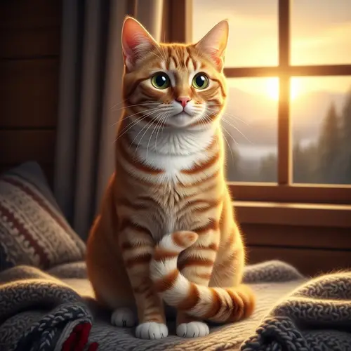 Beautiful Orange Tabby Cat Sitting in Cozy Cabin