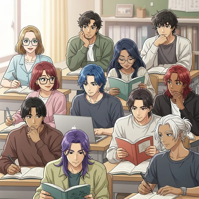 Diverse and Inclusive University Students in Anime-Style Classroom