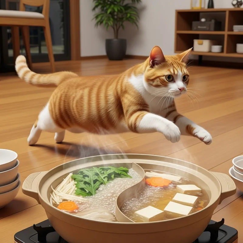Playful White and Orange Cat Dodging Hot Pot