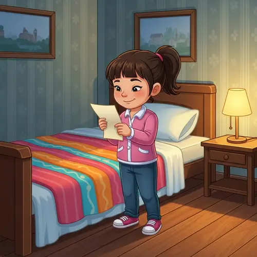 Young Asian Girl Reading Note by Colorful Bed - Cartoon Style