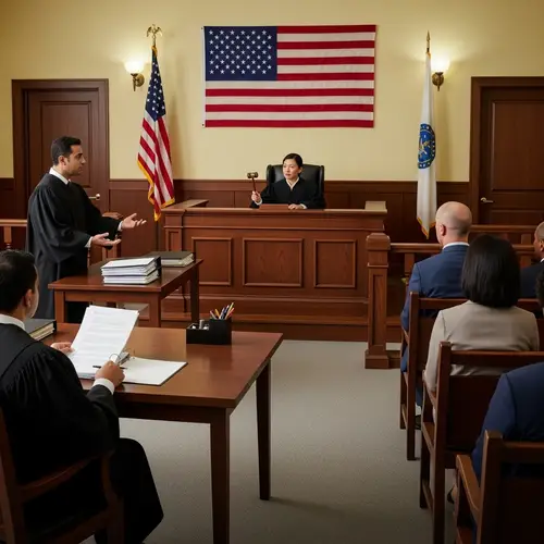 Court Room Scene: Female Asian Judge, Diverse Attendees