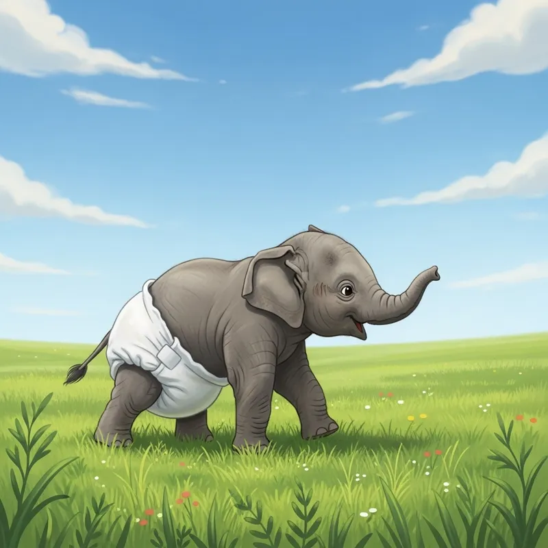 Baby Elephant in Diapers - Adorable Calf on Green Meadow