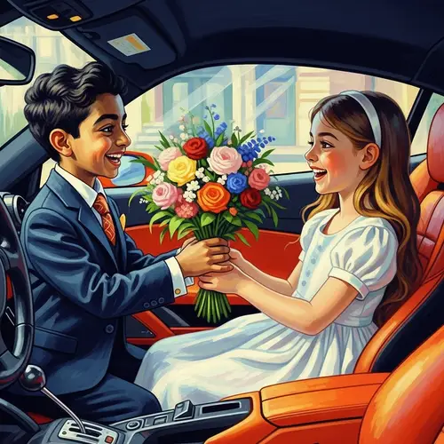 Young Gangster Boy Presents Bouquet in Ferrari: Animated Scene