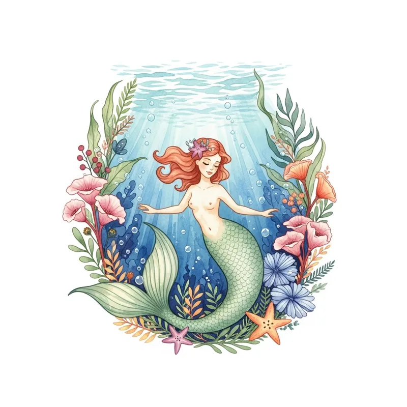 Vibrant Watercolor Mermaid in Tranquil Underwater Garden