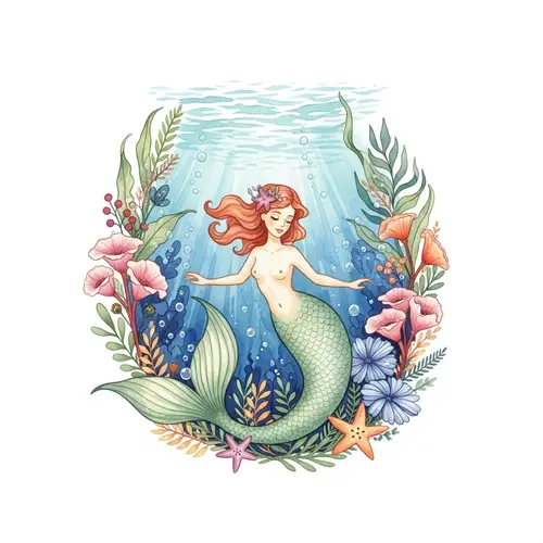 Whimsical Mermaid Illustration in Underwater Garden