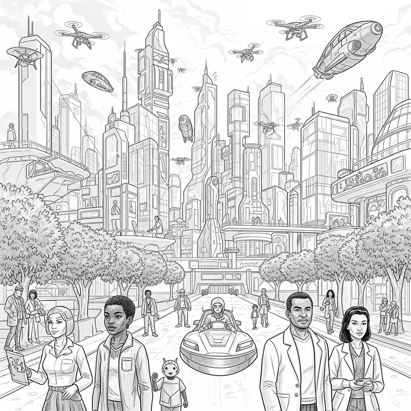 Future Society Pencil Drawing - Technologically Advanced Cityscape