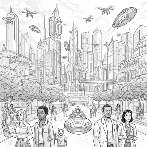 Future Society Pencil Drawing - Technologically Advanced Cityscape