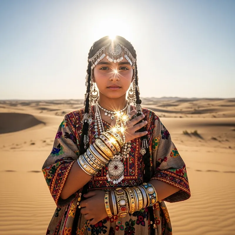 Girl Wearing Eastern Accessories in Golden Desert Girl Wearing Eastern Accessories in Golden Desert