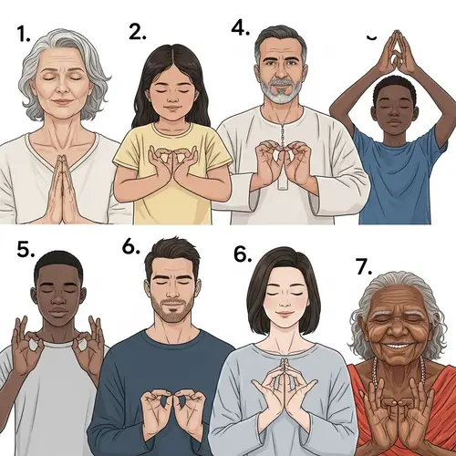 7 Diverse Individuals Practicing Calming Mudras for Positive Energy